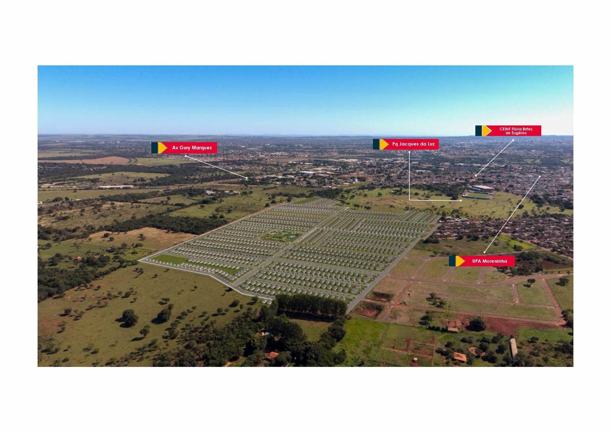 Imagem aérea com referências da Avenida Gury Marques, Parque Jacques da Luz, CEINF Flória Britez de Eugênio e UPA Moreninha