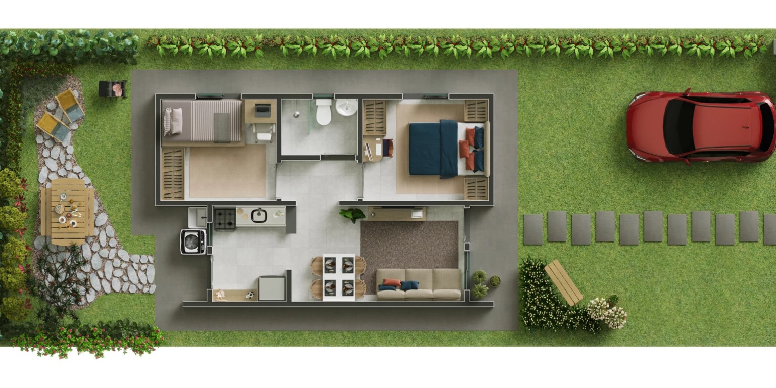 Planta humanizada da casa em terreno a partir de 200 metros quadrados